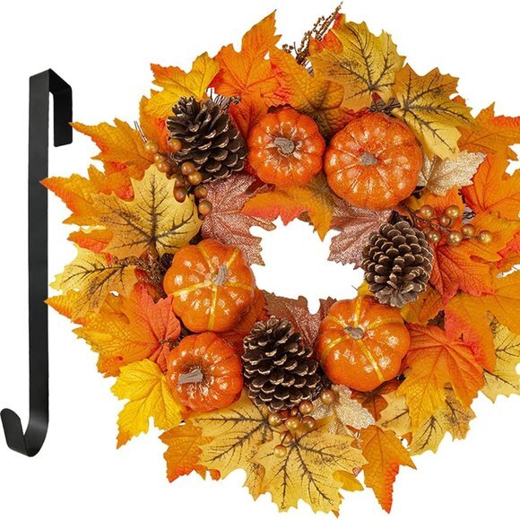 Fall Wreaths for Front Door, 20" Autumn Wreath with Hangers, Large Silk Maple - Picture 1 of 6